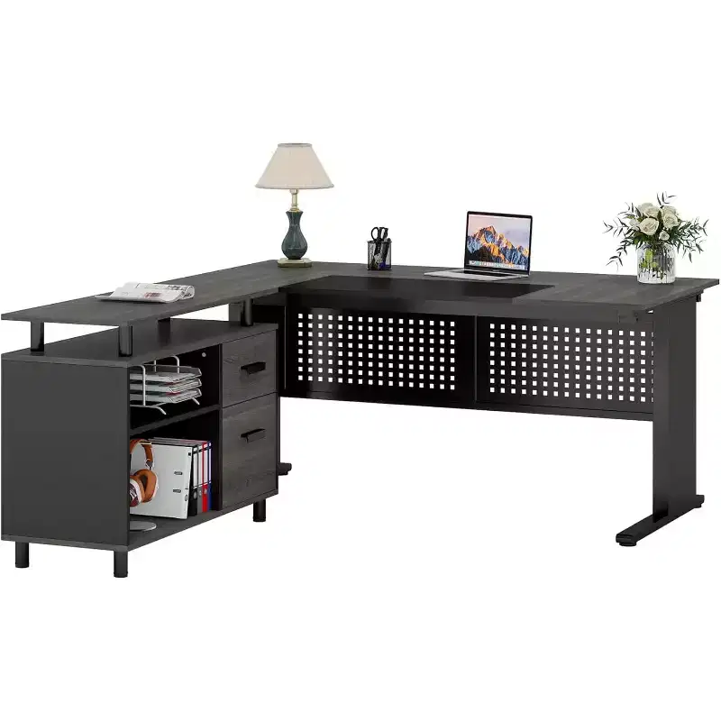 Lantine 62.99 Inch Executive Desk with File Cabinet, Large Office Desk L Shaped Computer Desk with Storage Shelves