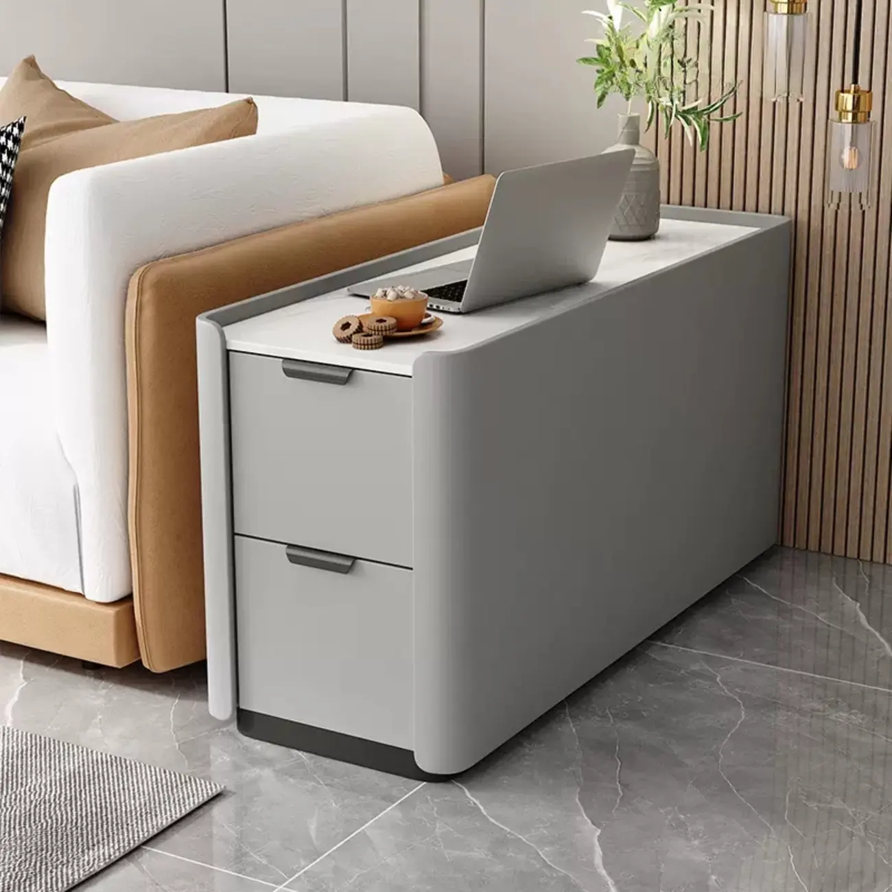 Compact Khaki Stone Top 2-Drawer Wood Block Side Table