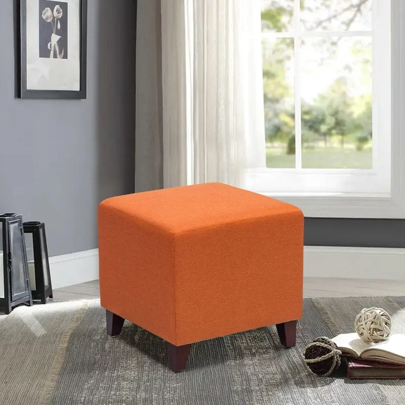 Cube Ottoman Footstool with Fabric Upholstery & High-Resiliency Foam – Orange / Blue / Dark Grey / Sage Green / Dark Blue / Beige / Black Cow / Multi-Floral / Brown Cow / Floral / Beige with Black Legs, Modern Style, Single