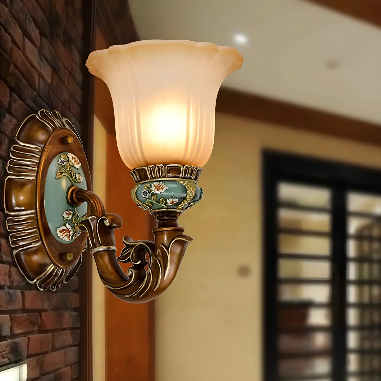 Vintage Glass Shade Peacock Green Wall Sconce