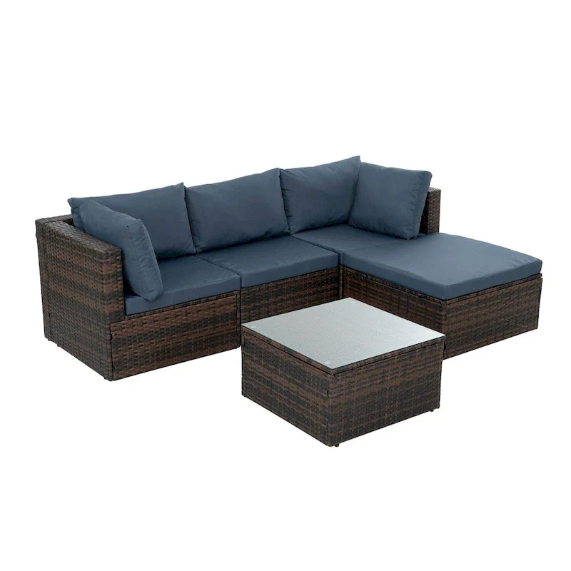 5-Piece PE Rattan Wicker Patio Conversation Set with Cushions