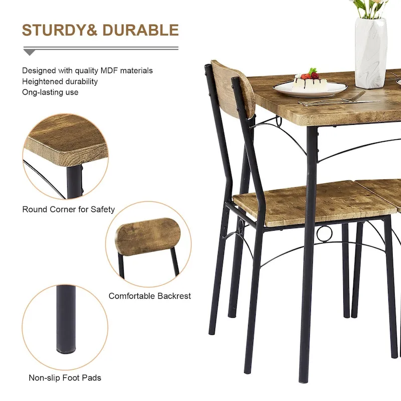 VECELO Dining Table Set, Kitchen Table with 2/4 Chairs, Metal and Wood Rectangular 3/5-Piece Dining Set