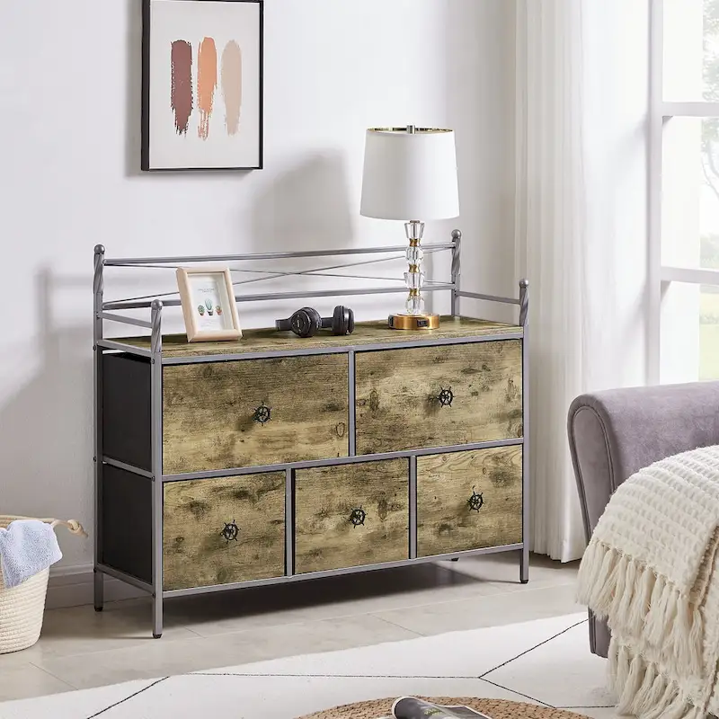 Brown/Grey 5-Drawer Wooden Dresser, Single
