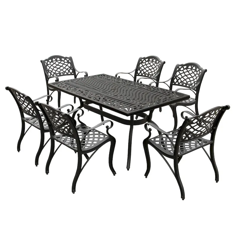 Modern Ornate Outdoor Mesh Aluminum 68-in Rectangular Patio Dining Set with Six Chairs - N/A