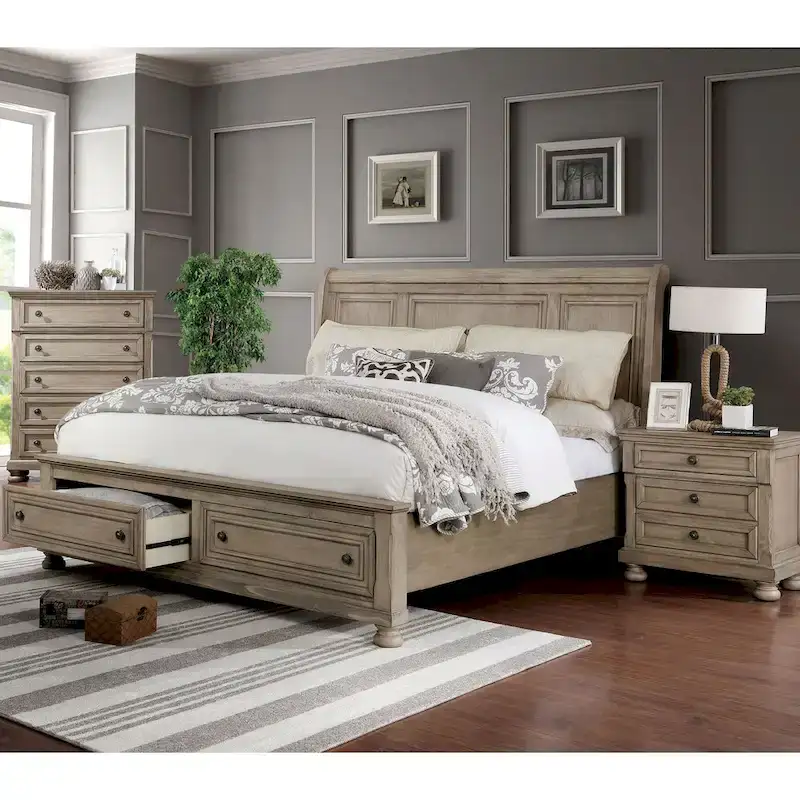 Transitional Grey Wood 3-Piece Storage Sleigh Bedroom Set with USB
