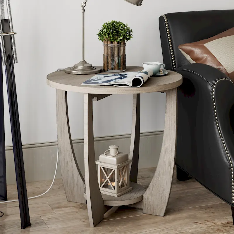 Rustic Farmhouse Round End Table with Storage Shelf, French Country Accent Side Table