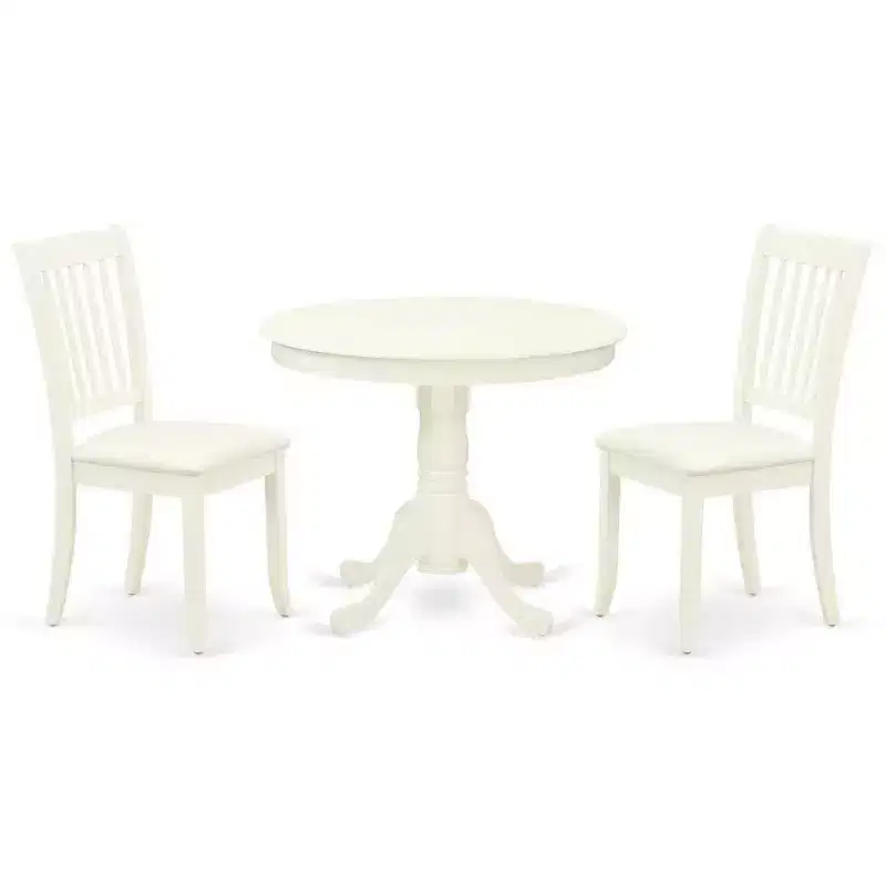 HomeStock 3-Pc Linen White Finish Solid Wood Top-Round Dining Room Set Seats-4