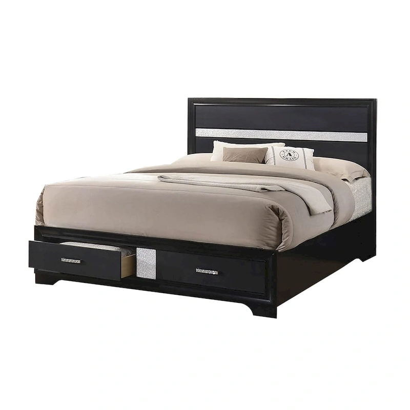 Wooden California King Size Bed with 2 Storage Drawers, Black and Silver