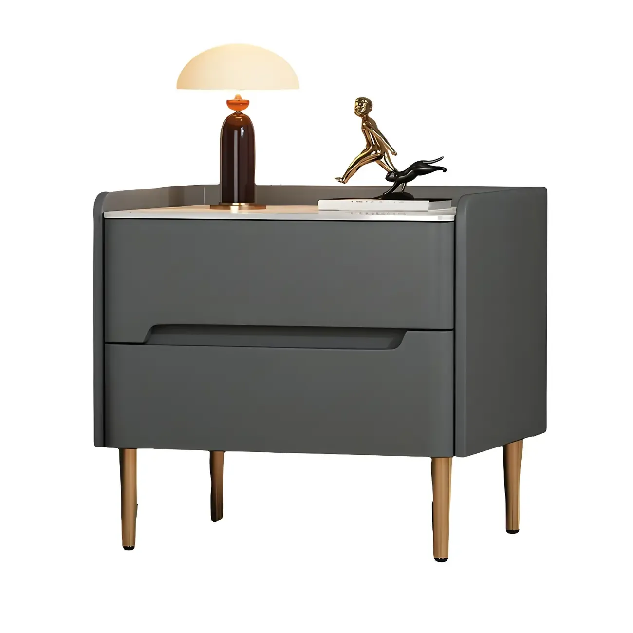 Elegant Green Wood Stone Top Gold Legs 2-Drawer Nightstand