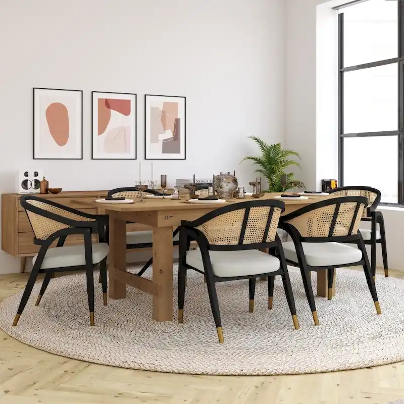 Cane Rattan Dining Chair with Upholstered Seat and Armrests