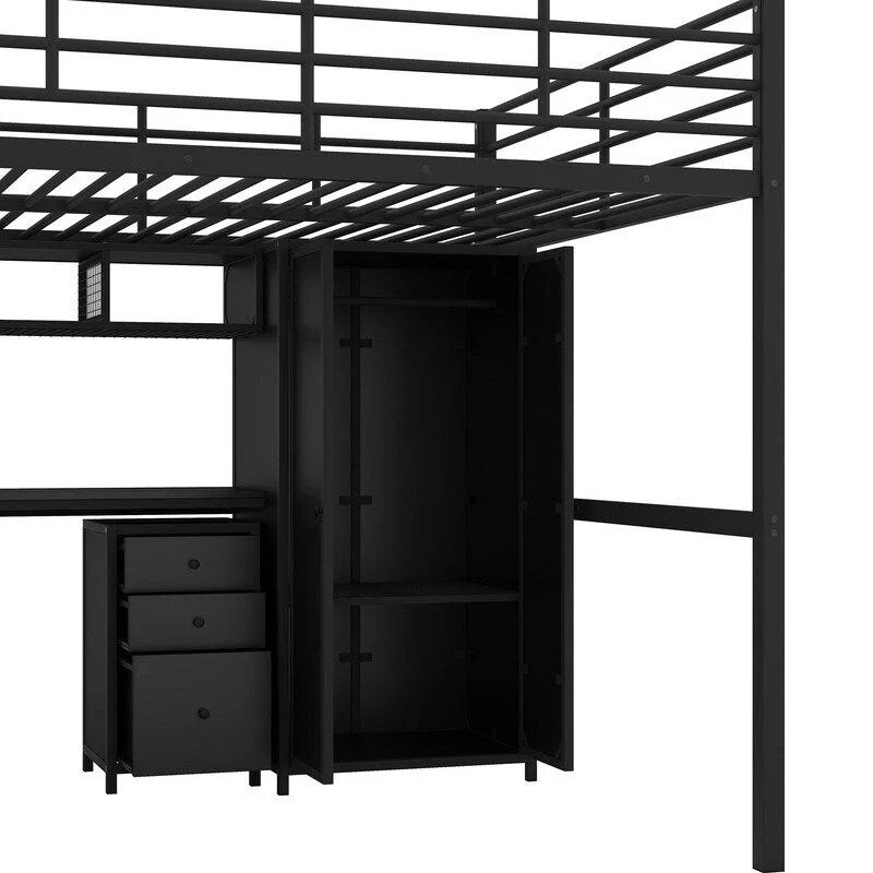 Metal Loft Bed With Wardrobe,Table,Drawer and 4-layers Ladder