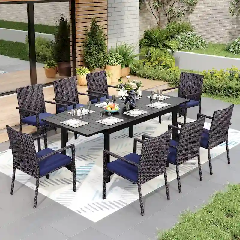 7/9 Patio Dining Set, Expendable Rectangular Outdoor Dining Table with Rattan Chairs