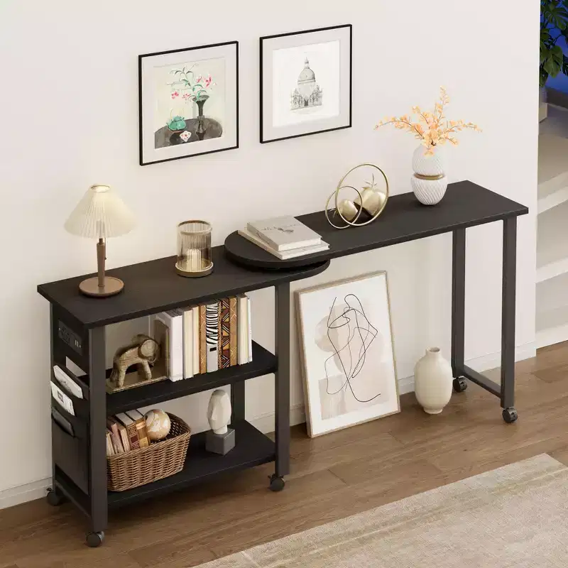 Swivel Side Table with Charging Station and Storage Bag, Rotating End Table with 6 Locking Wheels for Bedroom Living Room