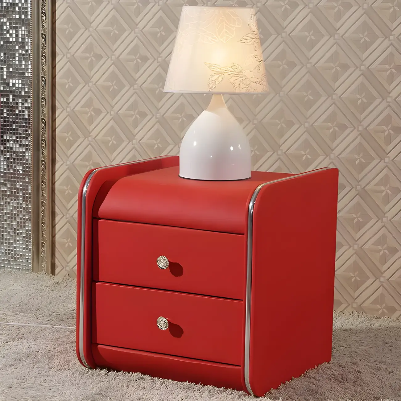 Luxurious Glossy Leather Wooden 2 Drawer Black Nightstand