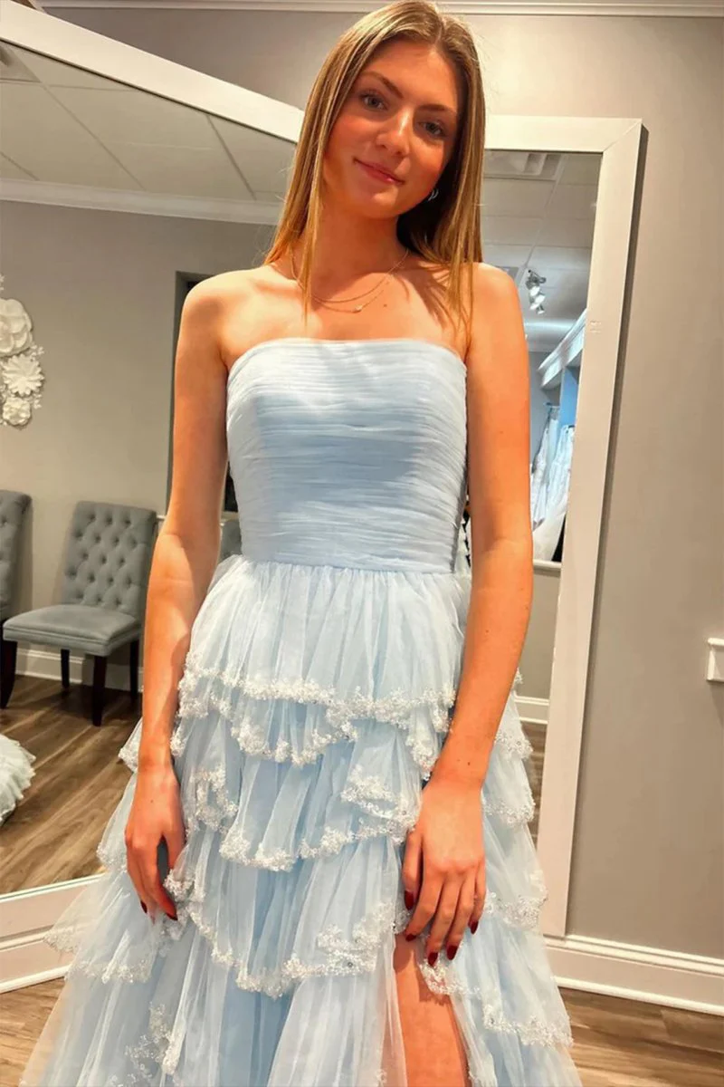 Sky Blue Strapless Layered Tulle Prom Dress with Sequins