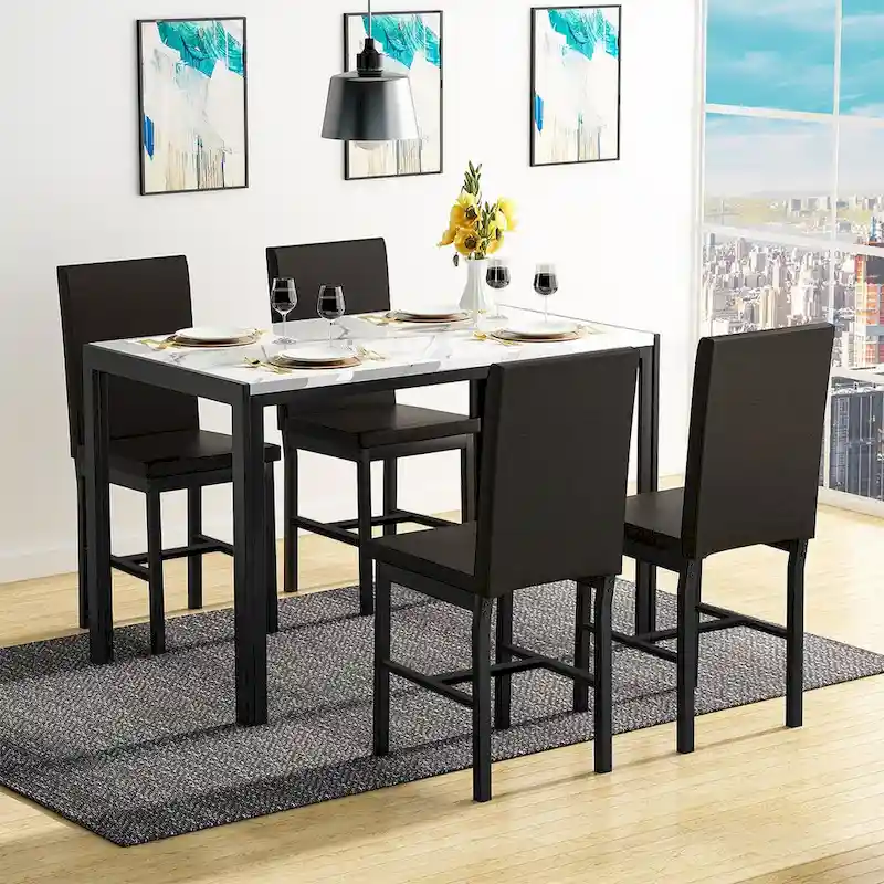5-Piece Dining Table Set with Faux Marble Top and 4 PU Leather Upholstery Chairs for Kitchen Dining Room