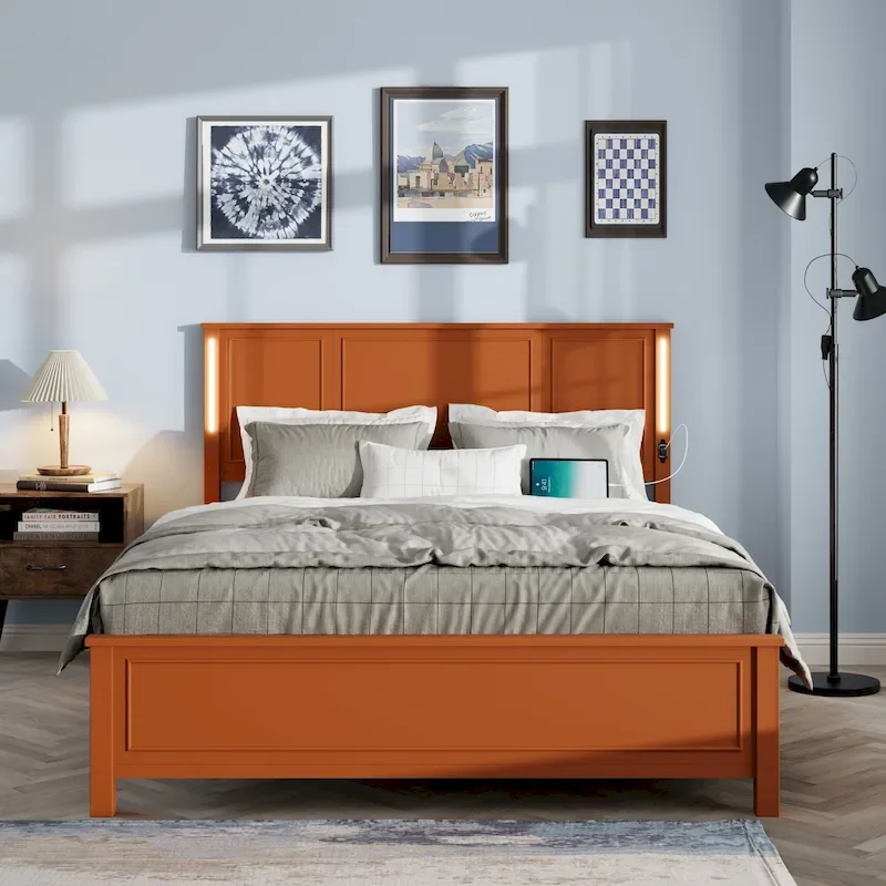 Queen Size Platform Bed with Wood Headboard, LED Lighting and USB Charging Ports