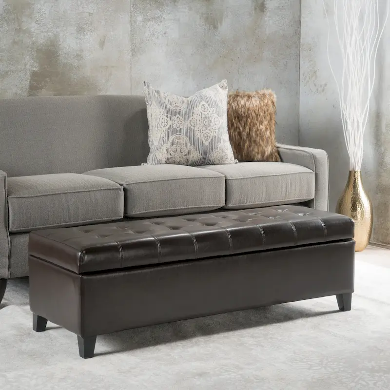Brown Tufted Faux Leather Storage Ottoman Bench