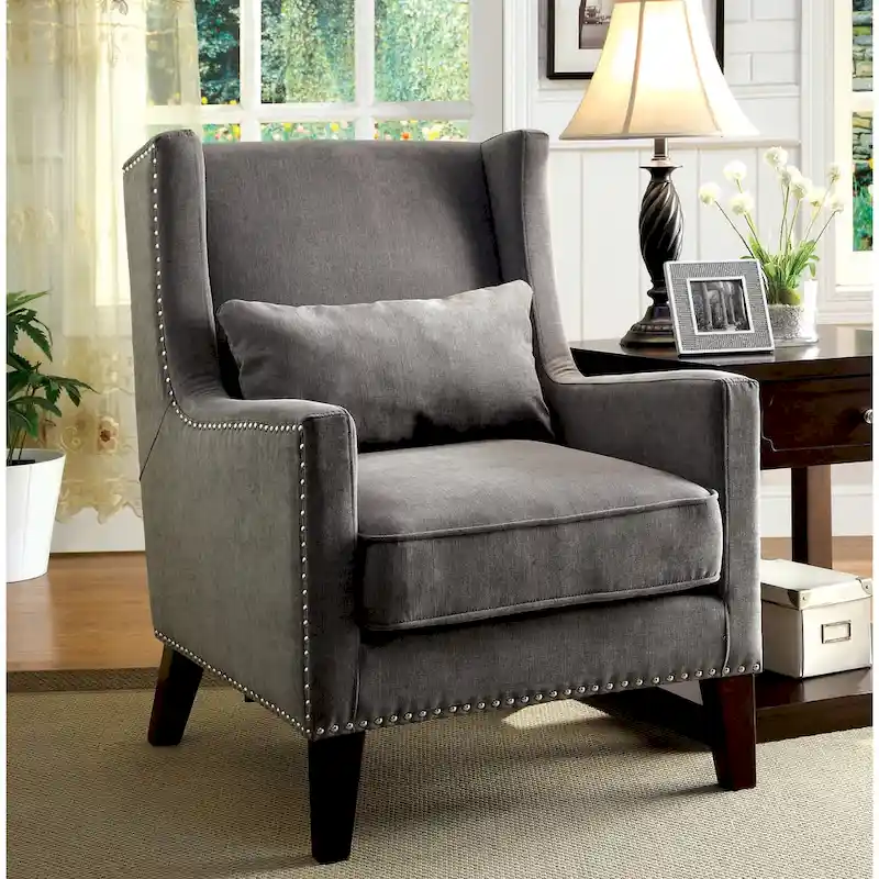 Contemporary Wingback Flannelette Nailhead Accent Chair with Espresso Legs – Grey or Ivory
