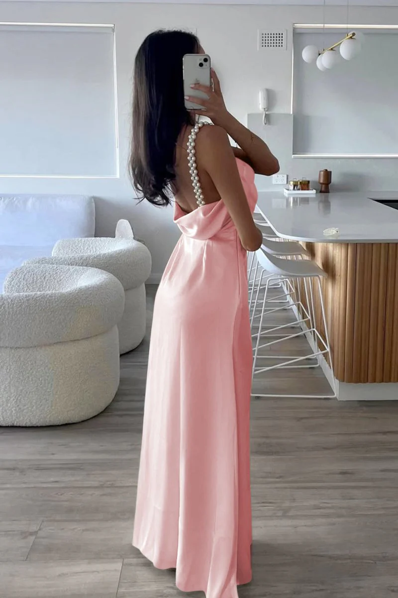 Yellow Sheath Spaghetti Straps Satin Long Prom Dresses With Pearls