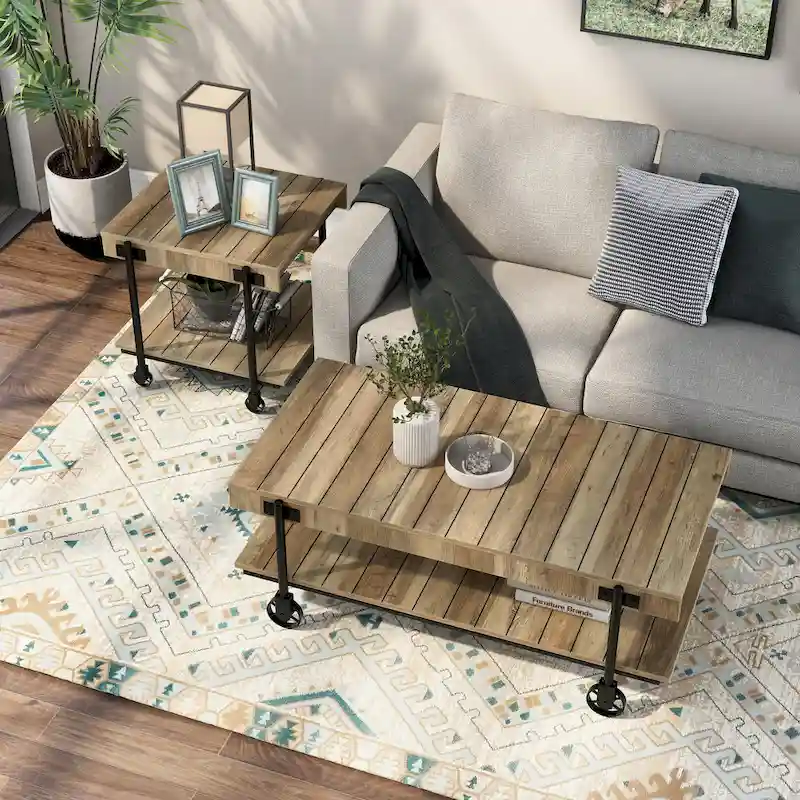 Black Farmhouse Steel 2-Piece Coffee Table Set with Wheels