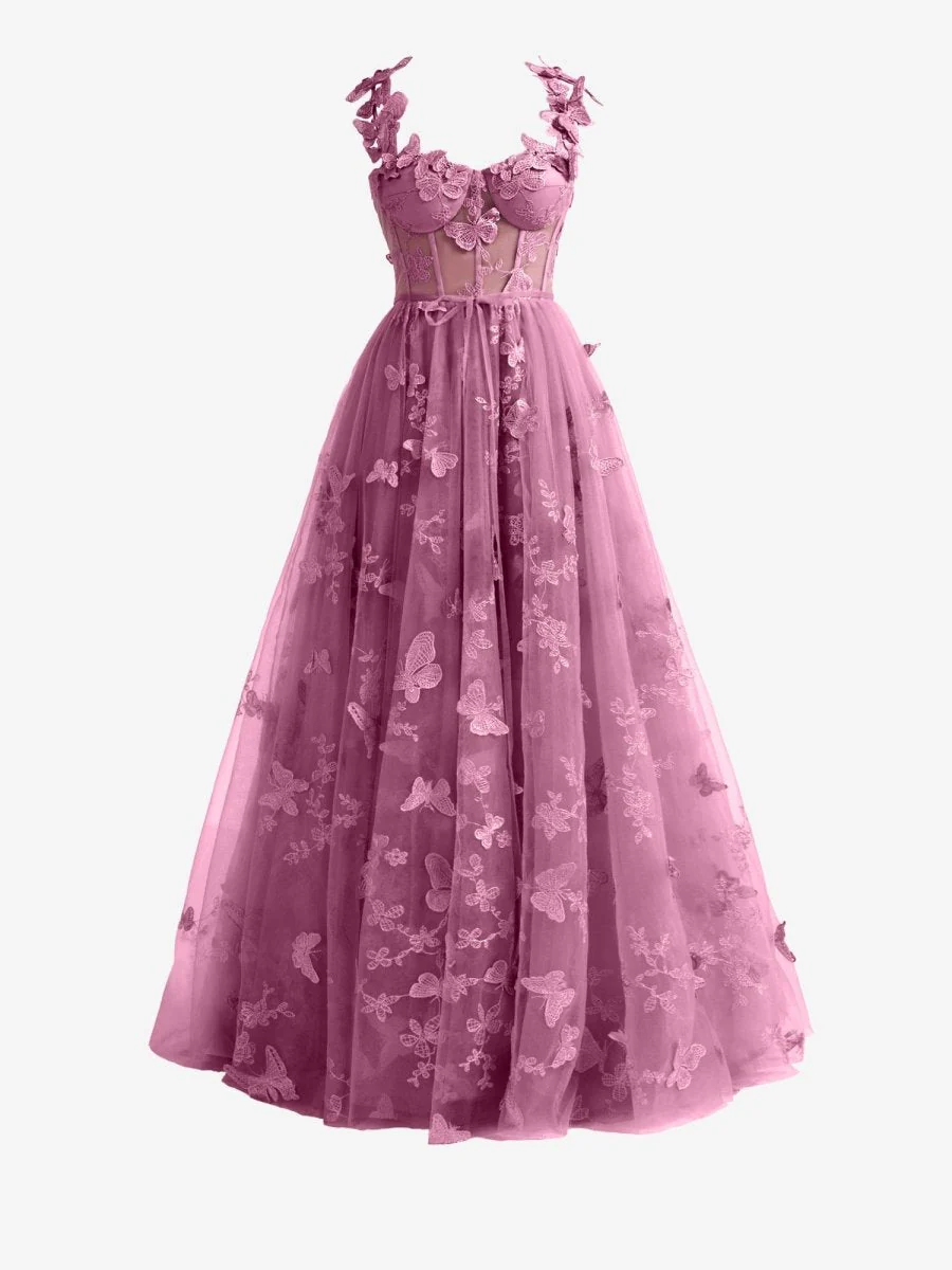 Candy Pink A-line Butterfly Lace Lilac Corset Prom Dress with Slit