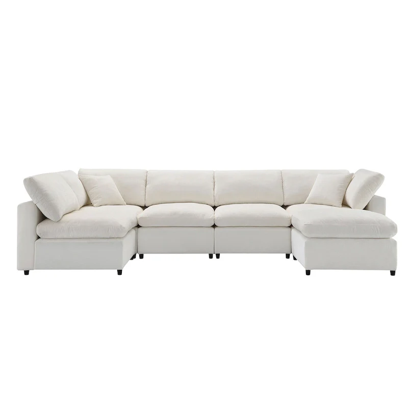 Beige 130 Chenille U-Shaped Sleeper Sectional Sofa, 6-Piece Modular Design