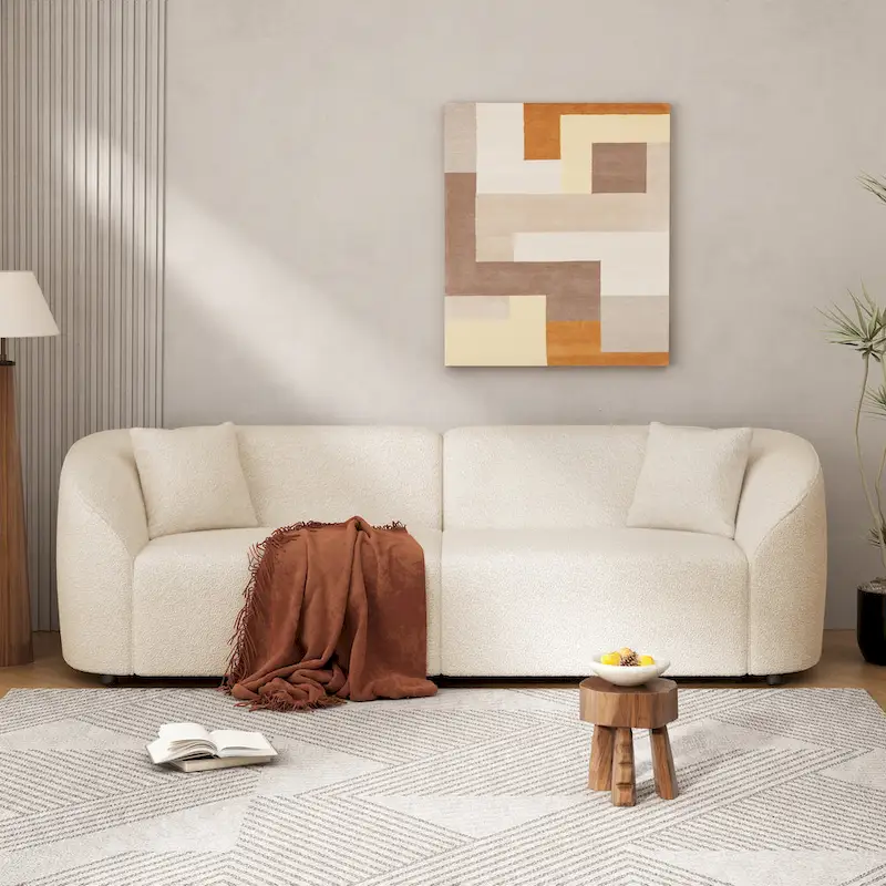 Orange / Beige Boucle Curved Sofa, 3-Seater