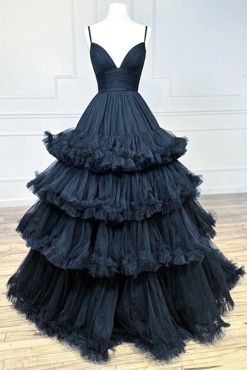 A-line V-Neck Tulle Prom Dress with Tiered Ruffles