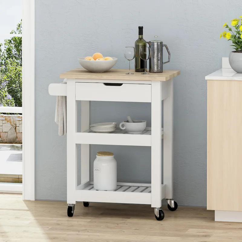 Contemporary Multifunctional Kitchen Cart with Rubberwood Top, Open Slat Shelving, Rolling Casters, Drawer and Towel Holder