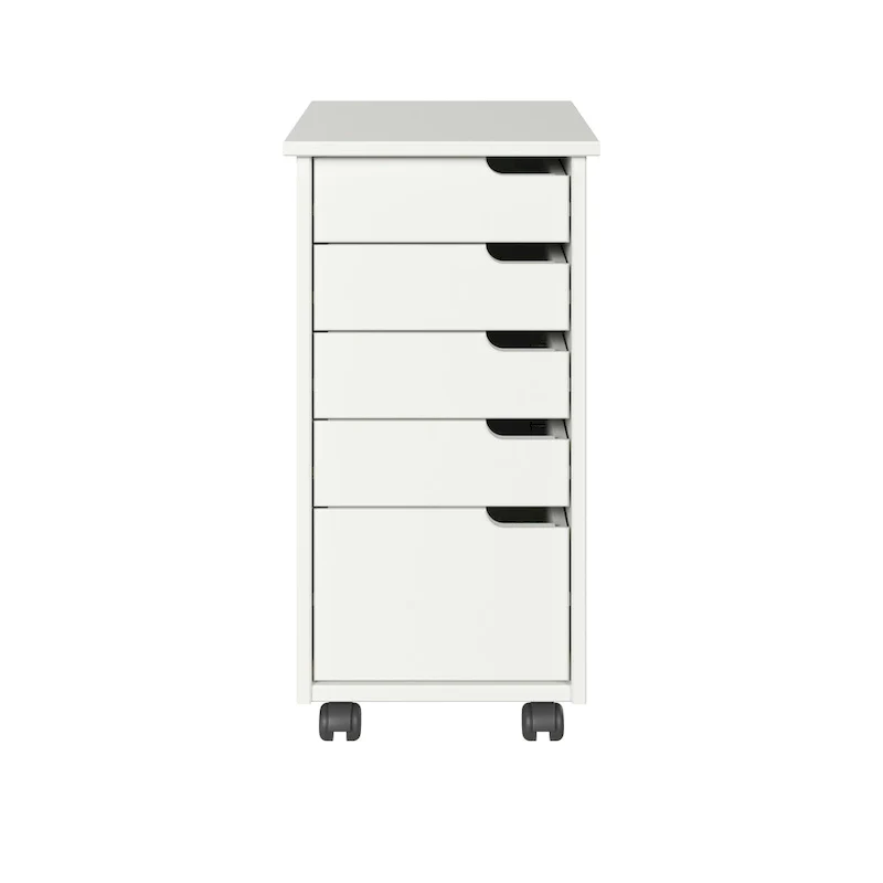 White Solid Wood Rolling Cart, 4+1 Drawer, 1-Person