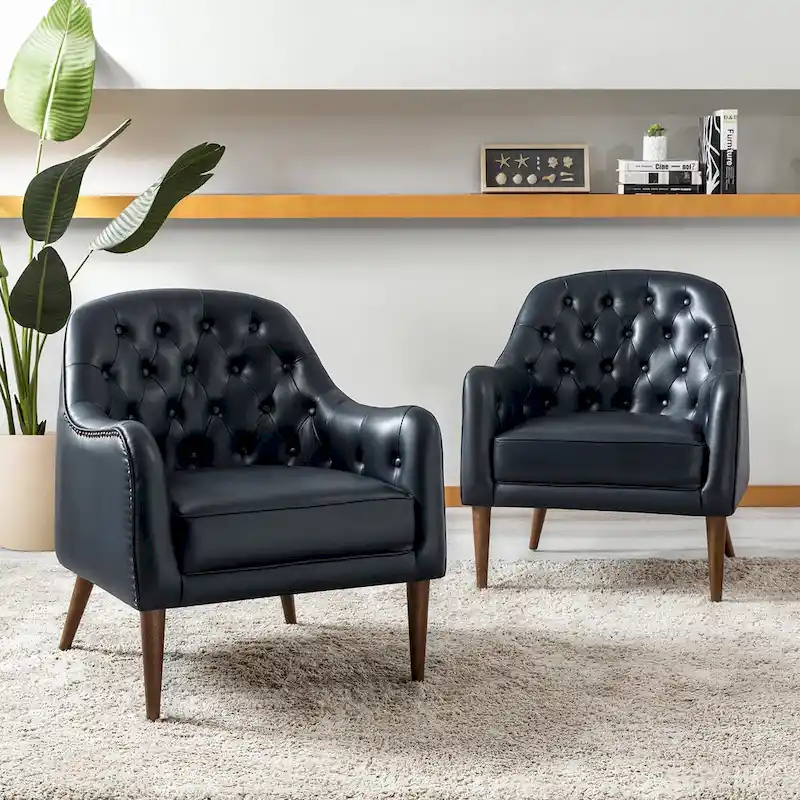 Melisa Classic Genuine Leather Wood Legs Barrel Chair With Tufted Back Set Of 2 By HULALA HOME
