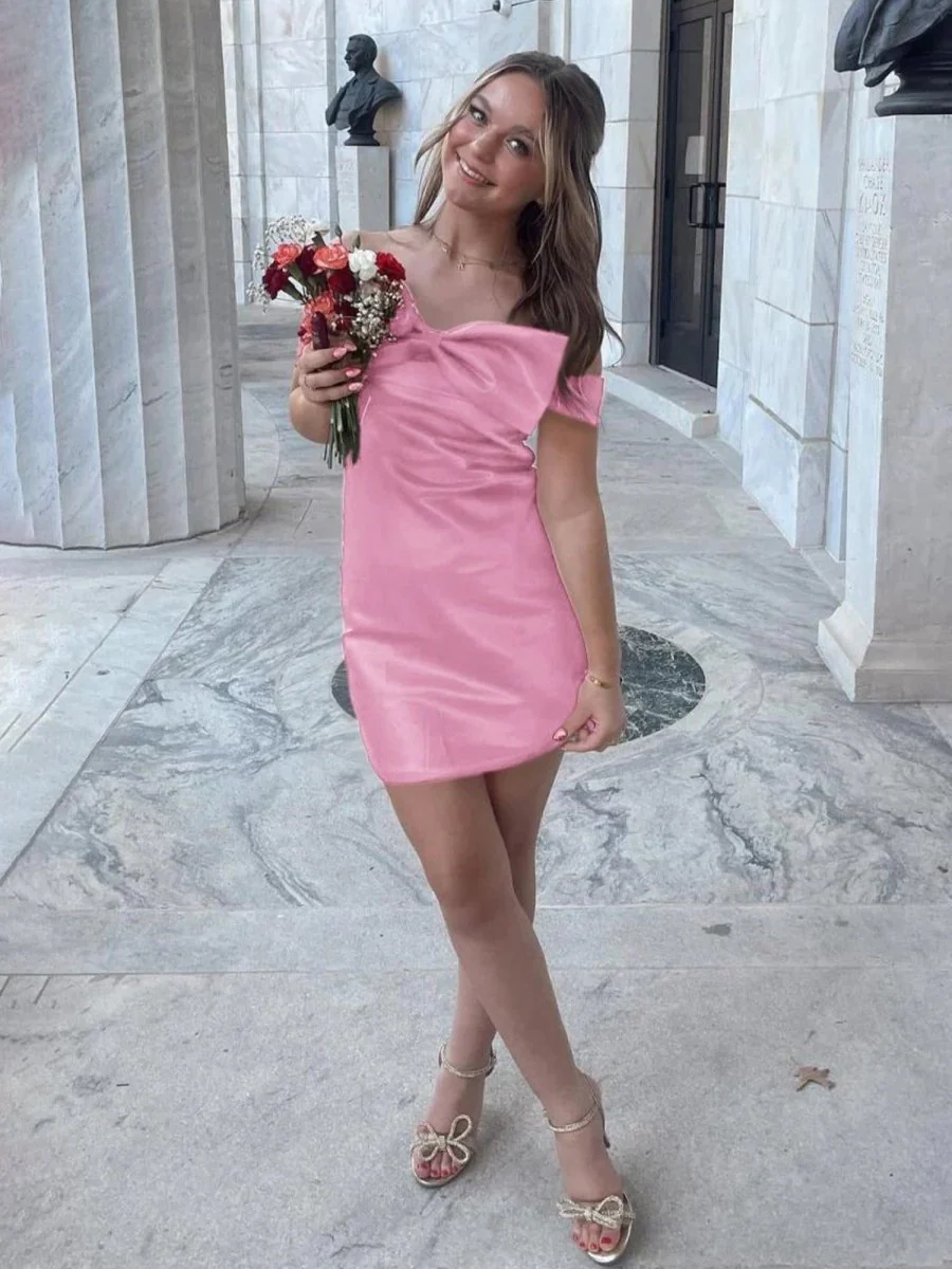 Pink - Off The Shoulder Short Homecoming Dress With Bow