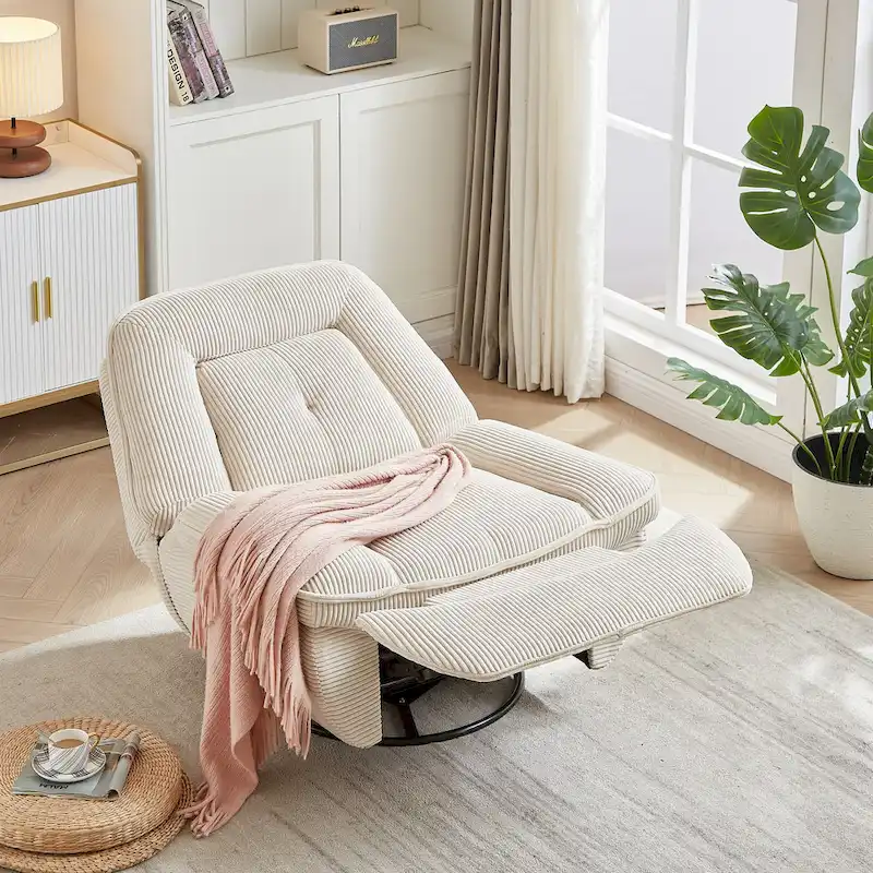 Beige / Grey Corduroy Swivel Glider Recliner – Manual Recline, 360° Swivel, Single Seat
