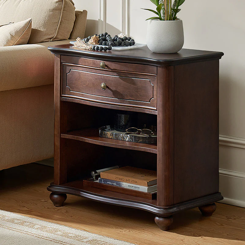 1-Drawer Nightstand with Pull-Out Tray, Built-in Power Outlet & Spindle Legs | Walnut / Brown / Black | Single
