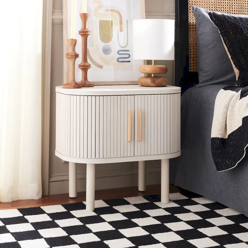 2-Door Tambour Nightstand with Gold Pulls – Oak, Black, Walnut, White