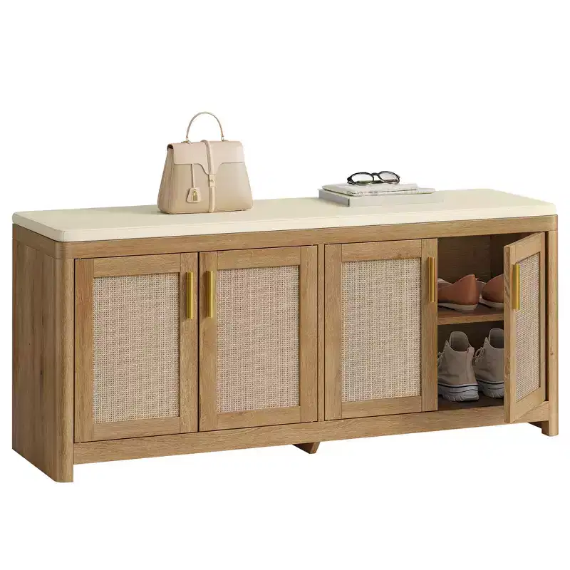 VASAGLE ELLAN Collection - Boho Shoe Bench with Cushion, Entryway Storage Bench with 4 Rattan-Look Cabinet Doors, Adjustable Shelf, Natural Brown