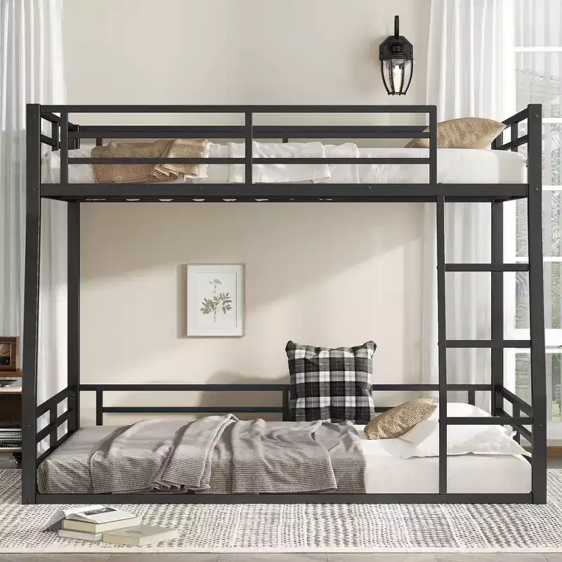 Bellemave Full XL Over Queen Metal Bunk Bed for Adults & Teens, Heavy Duty Space-Saving Frame, Guardrails, Noise-Free, No Box Spring, Black