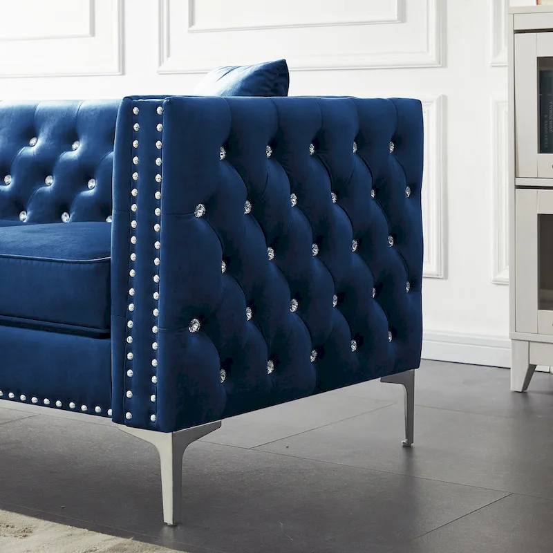 Square Arm Velvet Loveseat with Jeweled buttons and 2 Pillows