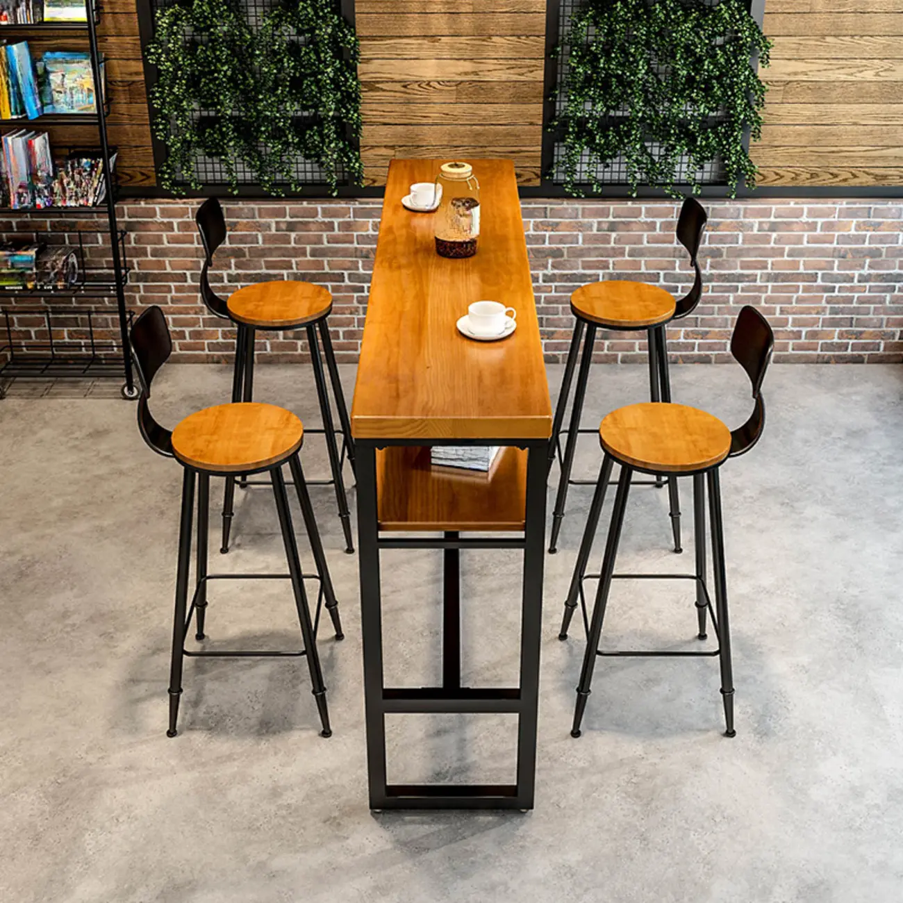 Modern Brown Wooden Metal Sled Shelf Bar Tables with Footrest