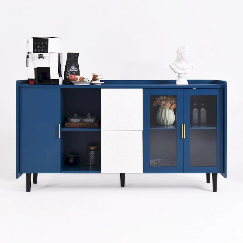 Black & Red/Blue MDF Sideboard with 2 Drawers, Cabinet & Open Shelves