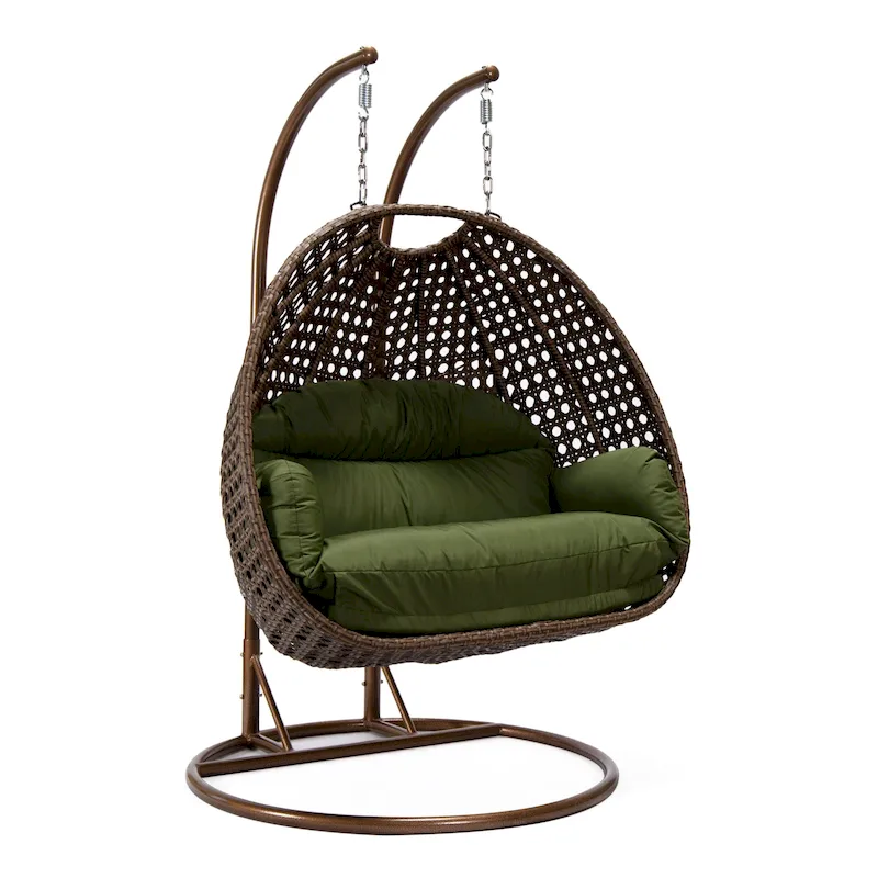 LeisureMod Mendoza Dark Brown 2 Seater Wicker Patio Hanging Double Swing Chair for Patio Porch Backyard Garden - 53