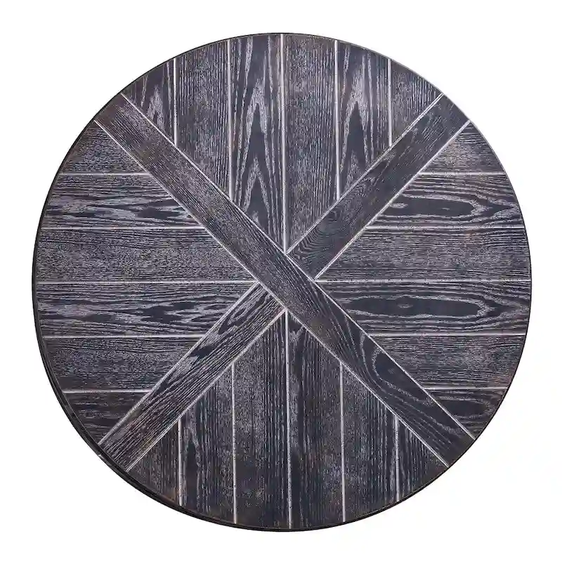 Industrial style round wooden coffee table with shelves