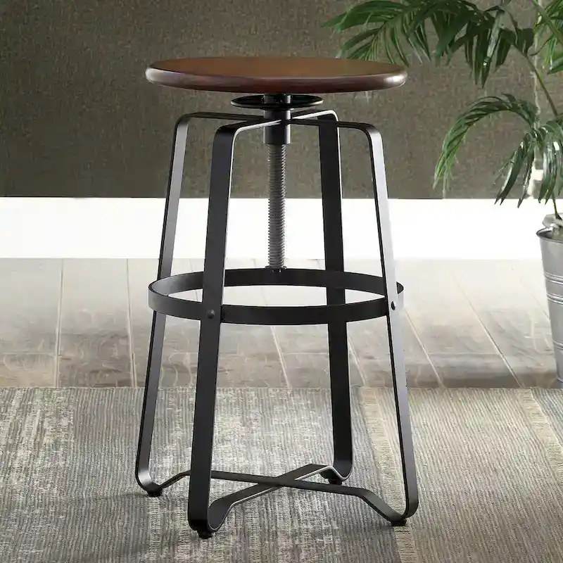 Adjustable Bar Stool with Chestnut Wood Seat and Black Metal Base
