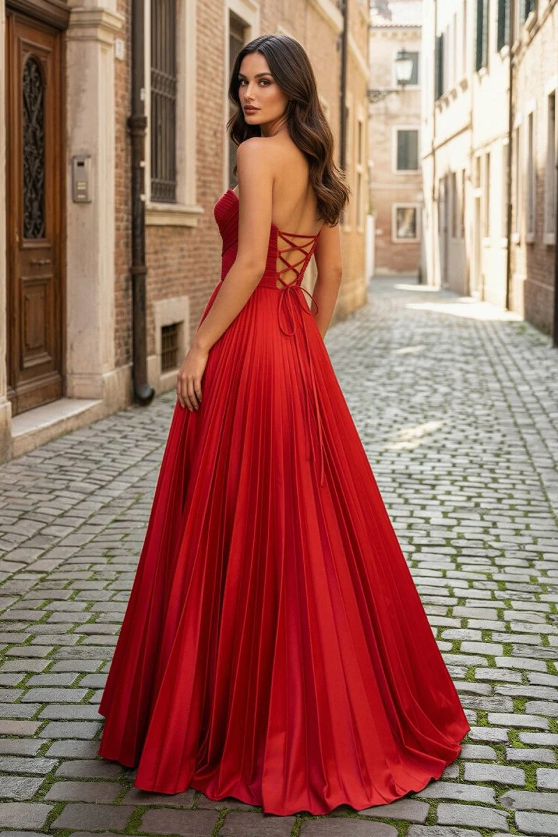 Red Satin Strapless Keyhole Ball Gown