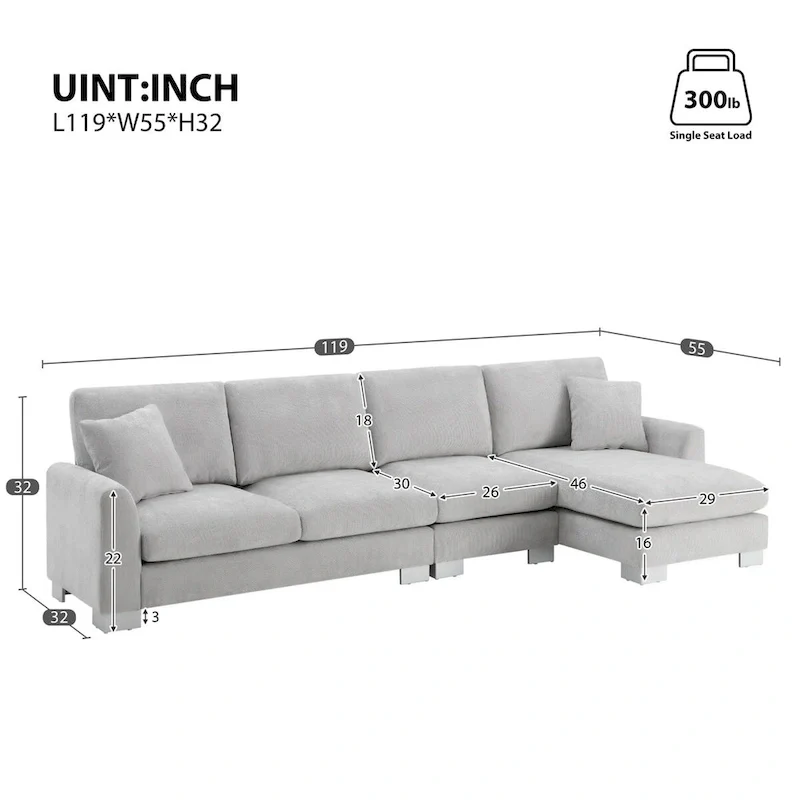 Chenille L-Shaped Sectional Sofa with Chaise - 4-5 Seat