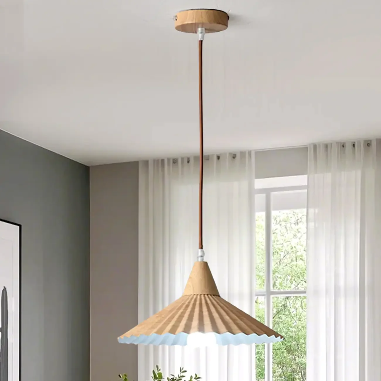 Modern Walnut Pleated Cone Pendant Light