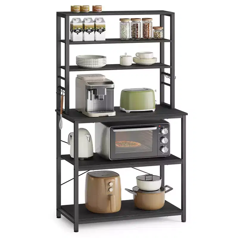 VASAGLE Baker's Rack Microwave Oven Stand Kitchen Tall Utility Storage Shelf 6 Hooks and Metal Frame