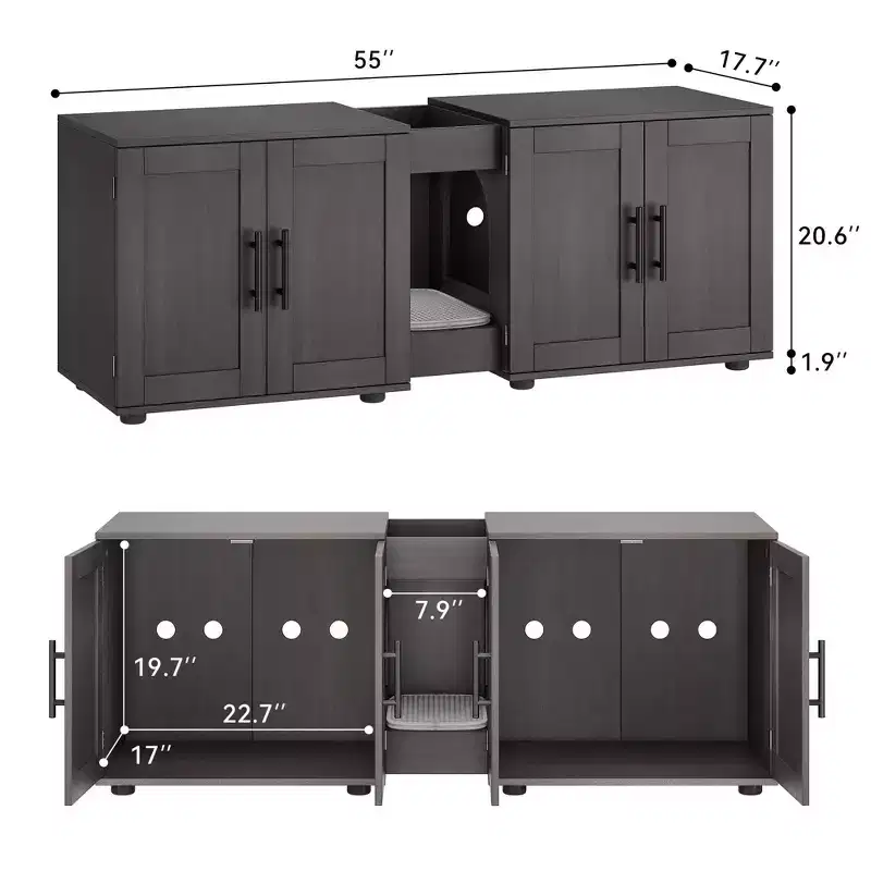 Modern Double Cat Litter Box Enclosure, Wooden Hidden Litter Cabinet, Waterproof Easy-Clean Surface, for Bedroom, Living Room