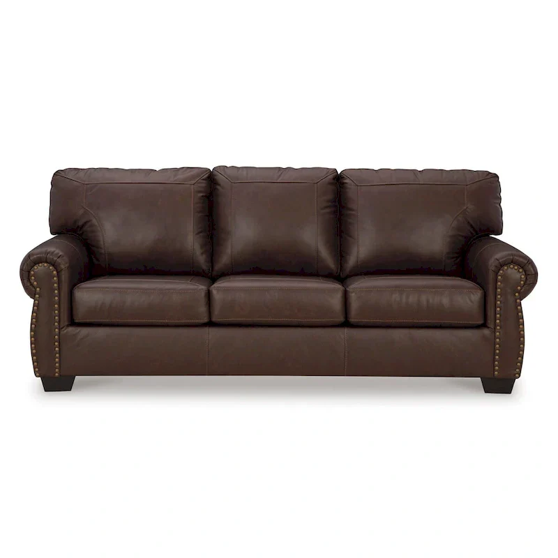 92 Inch Sofa, Nailhead Trim, Cushion Seating, Brown Leather Upholstery